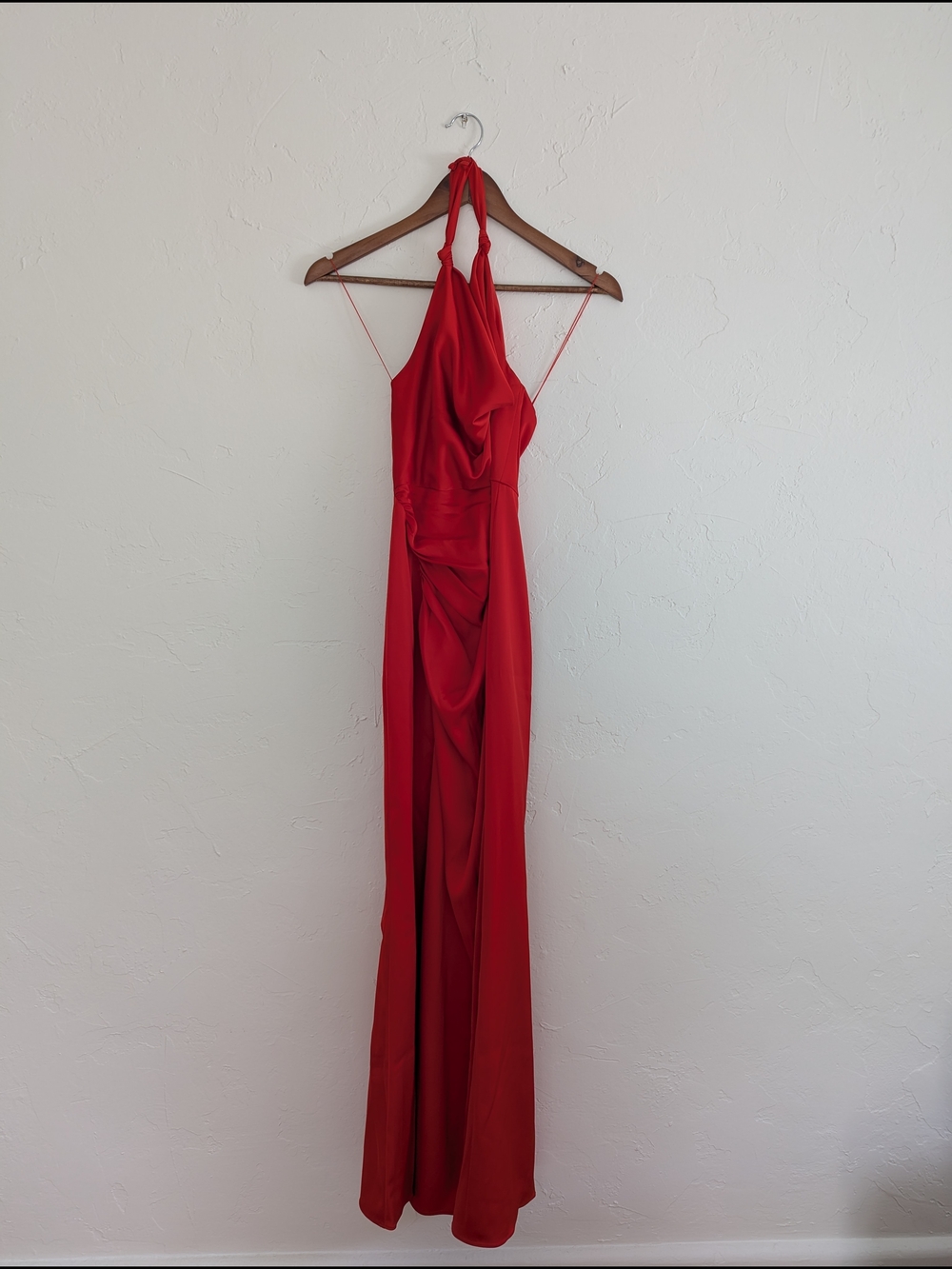 Red Halter Evening Gown - Elegant Draped Dress